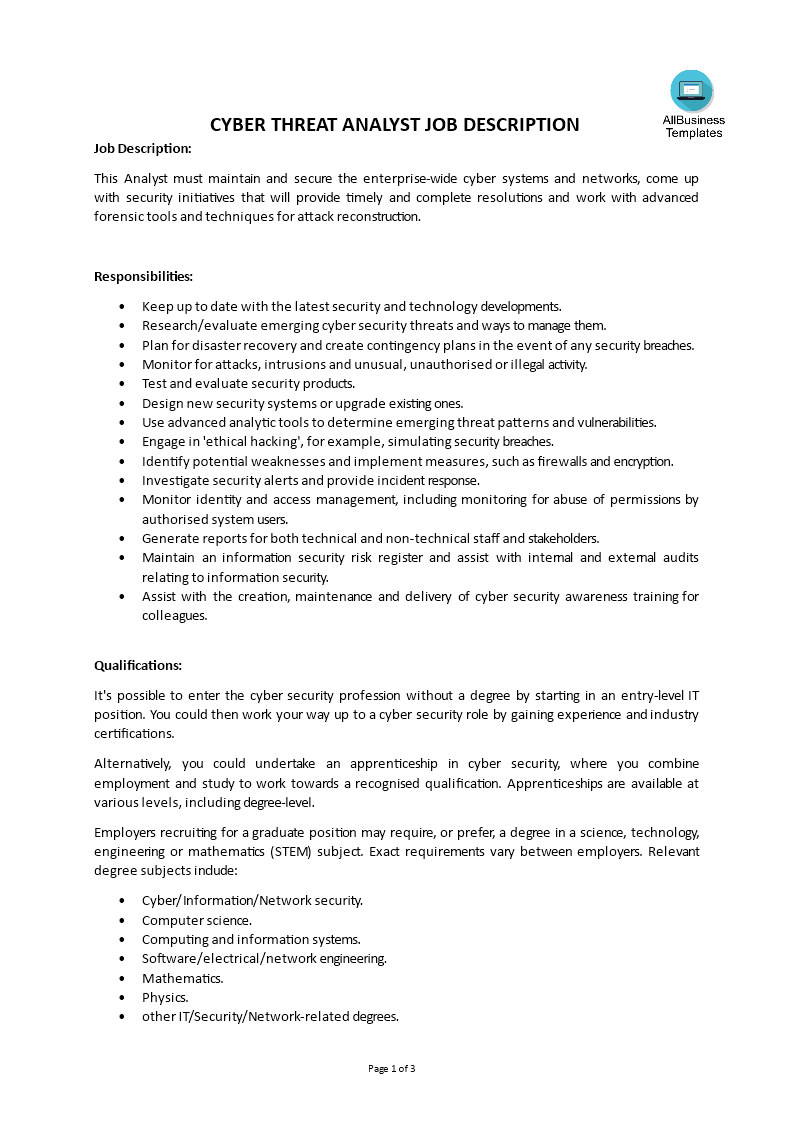 cyber threat analyst job description template