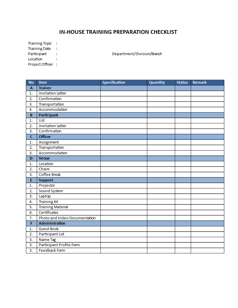 in-house training preparation form template