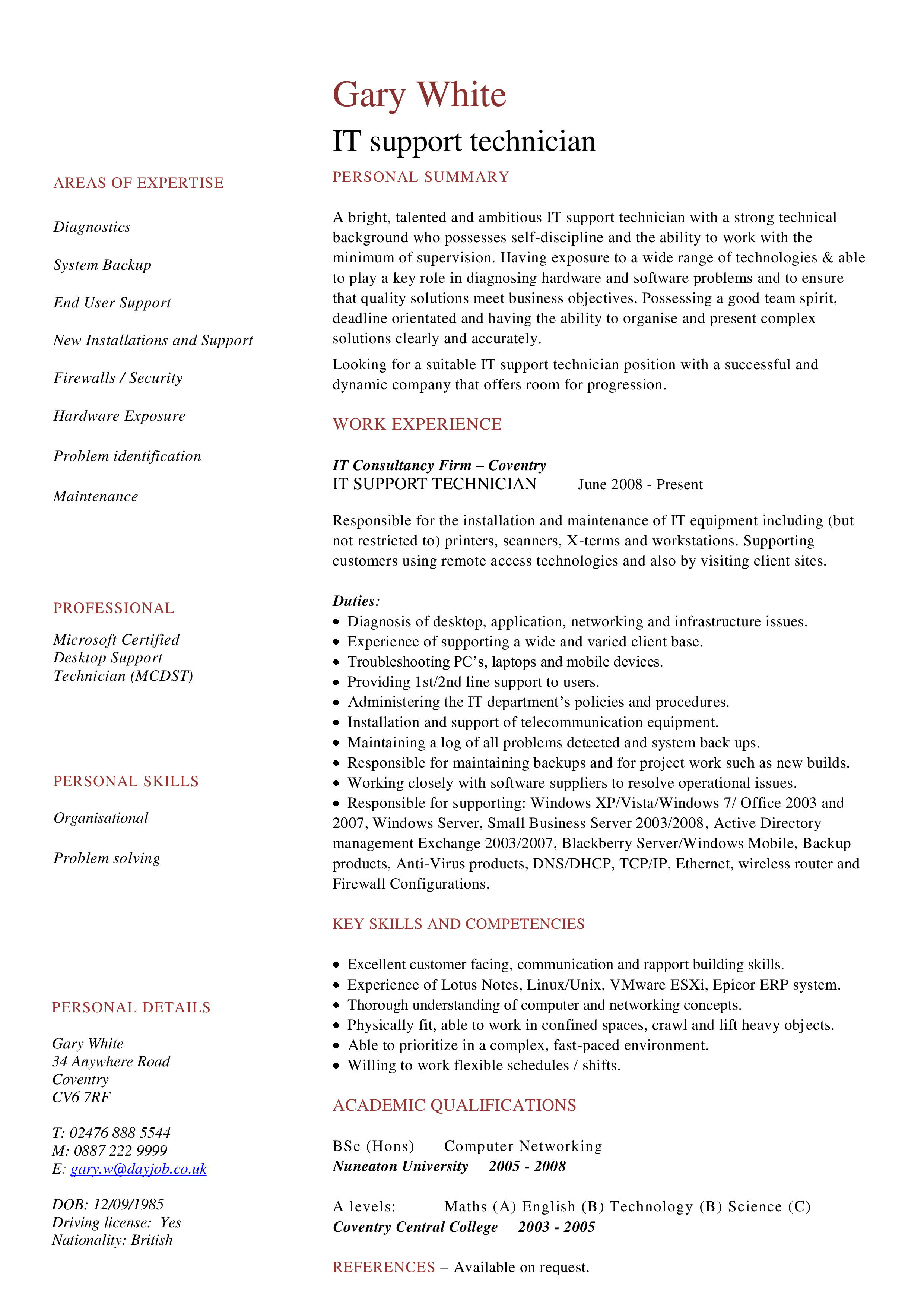 IT Technician Resume main image