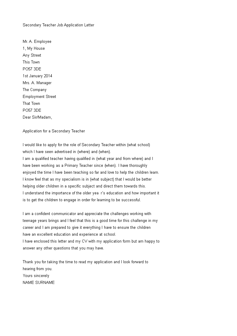 secondary teacher job application letter template