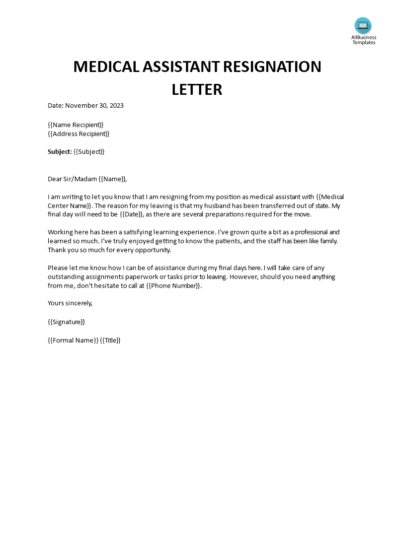 Kostenloses Medical Assistant Resignation Letter sample Intended For Draft Letter Of Resignation Template