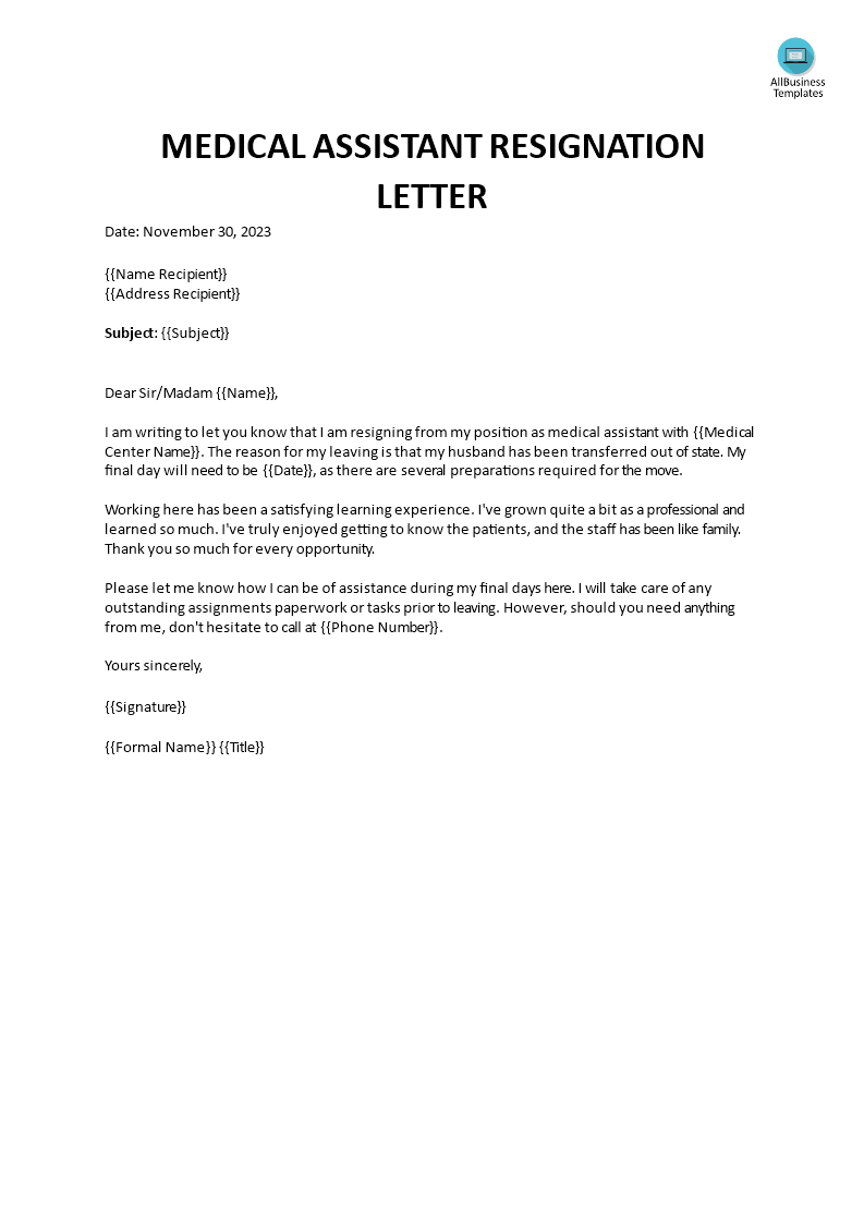 Kostenloses Medical Assistant Resignation Letter sample