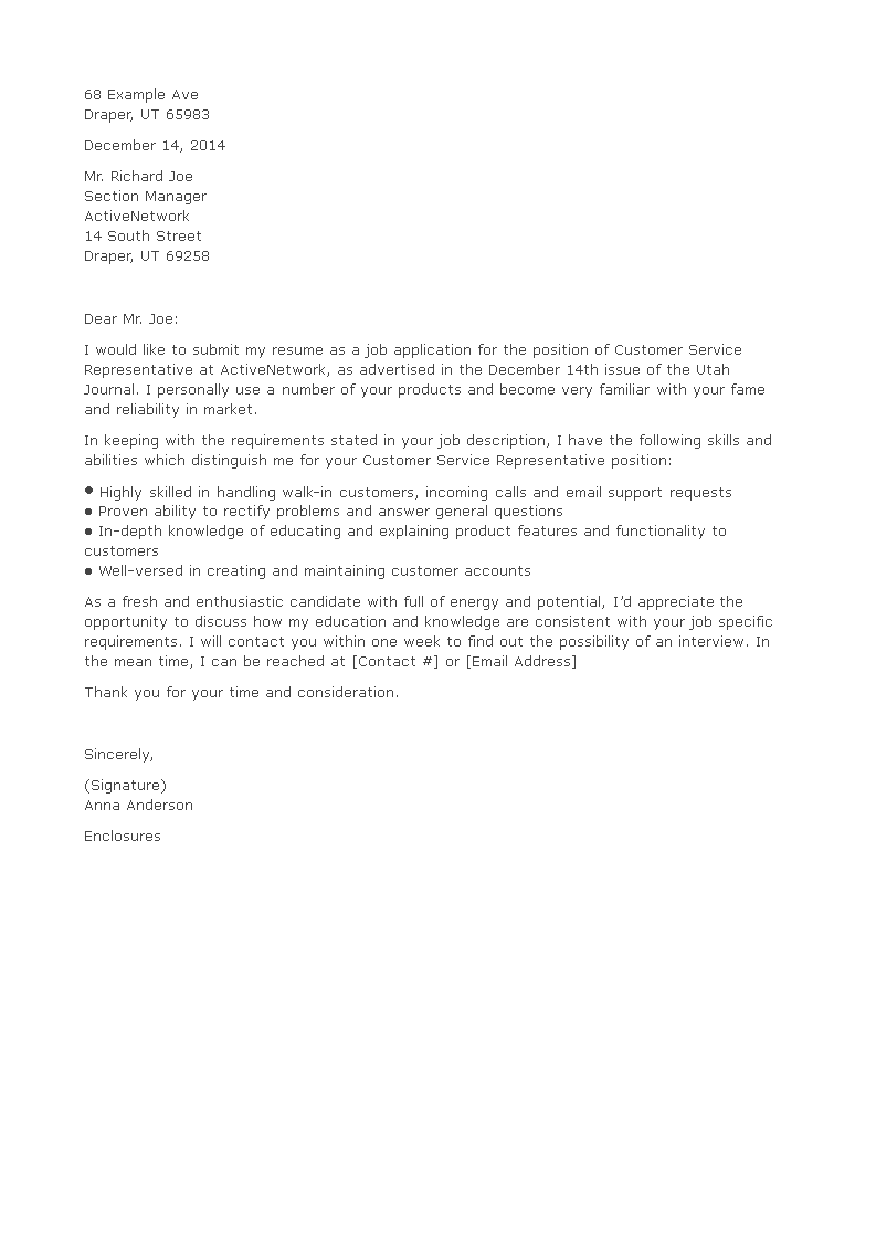 customer service job cover letter sample