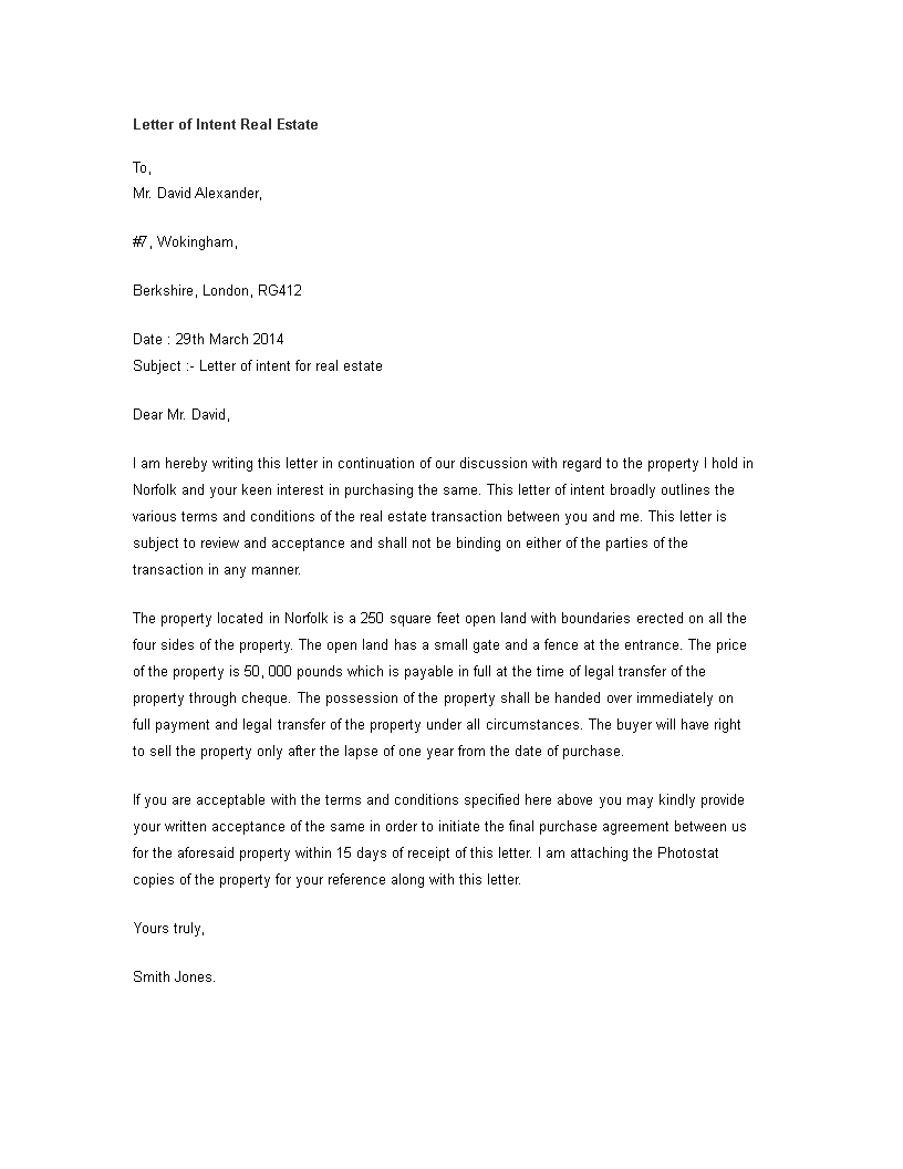 Letter Of Intent Real Estate In main image