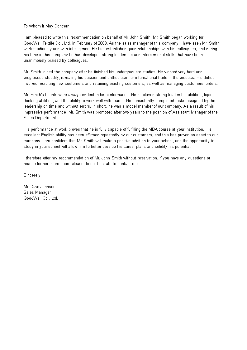 recommendation letter for sales voorbeeld afbeelding 