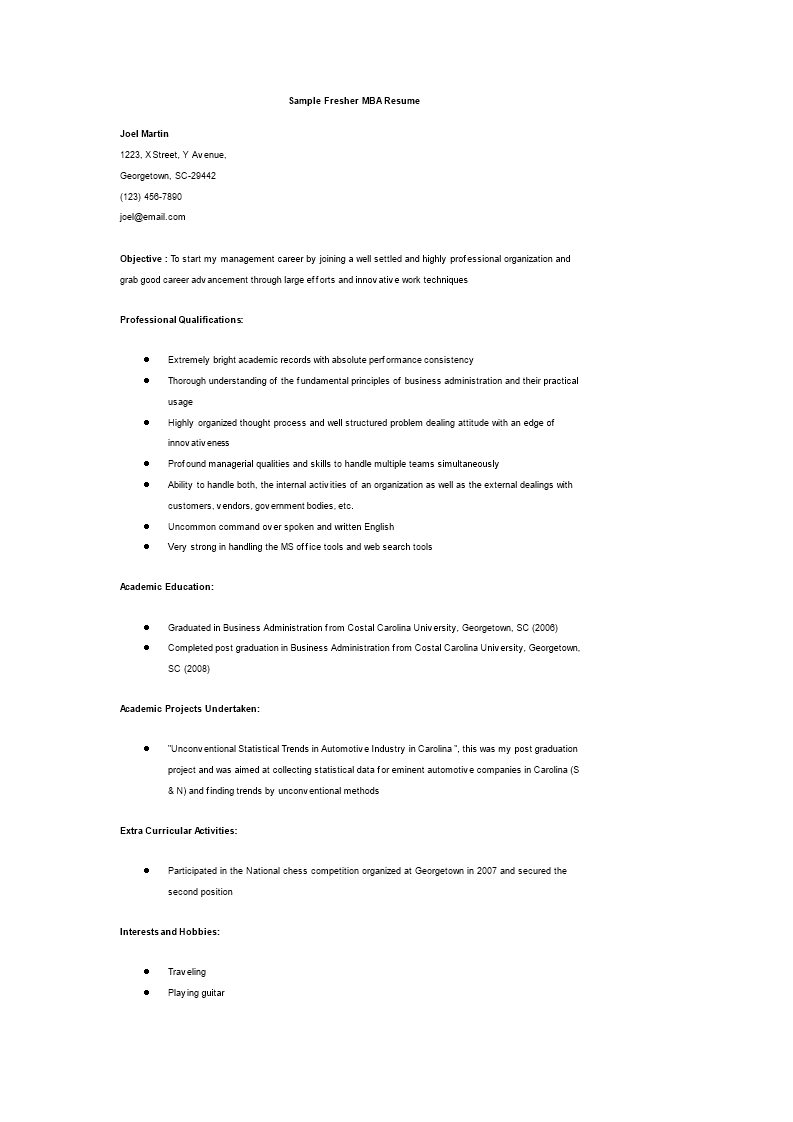 fresher resume for mba cover letter template