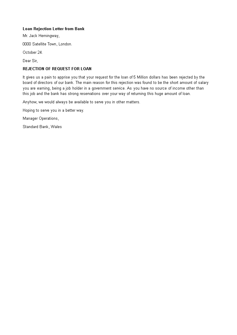 bank loan rejection letter template