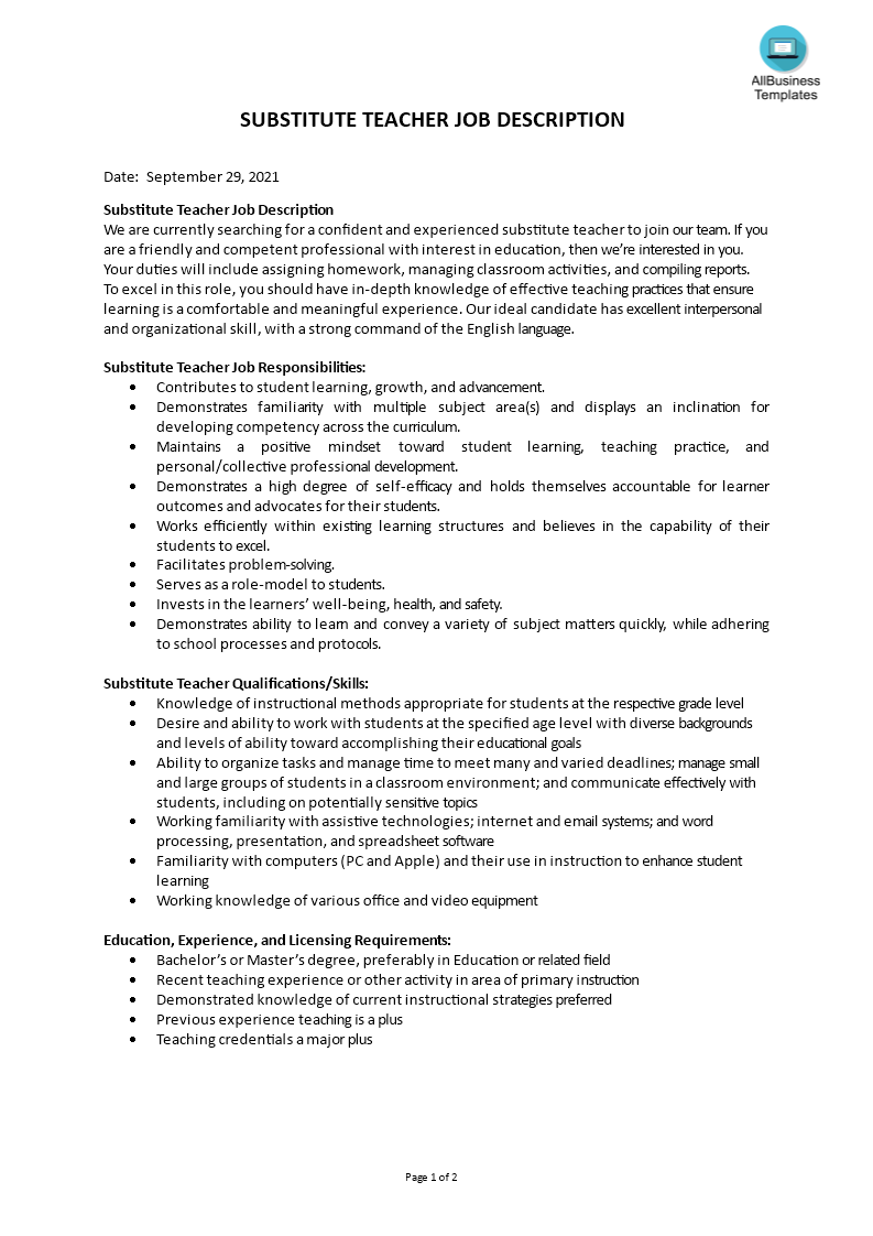 substitute teacher job description modèles