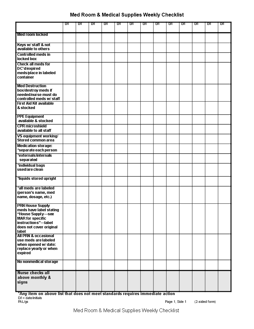 medical supplies weekly checklist voorbeeld afbeelding 