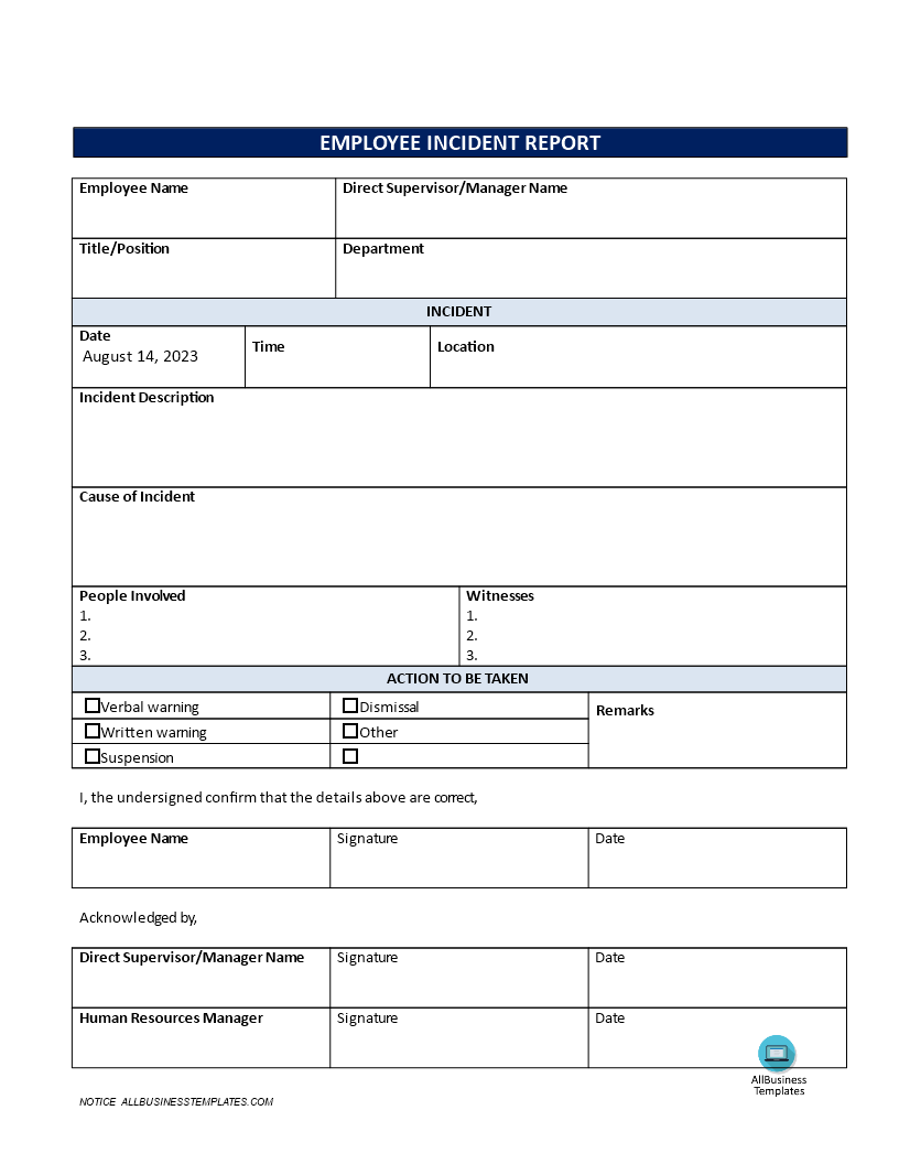 employee incident report sample template