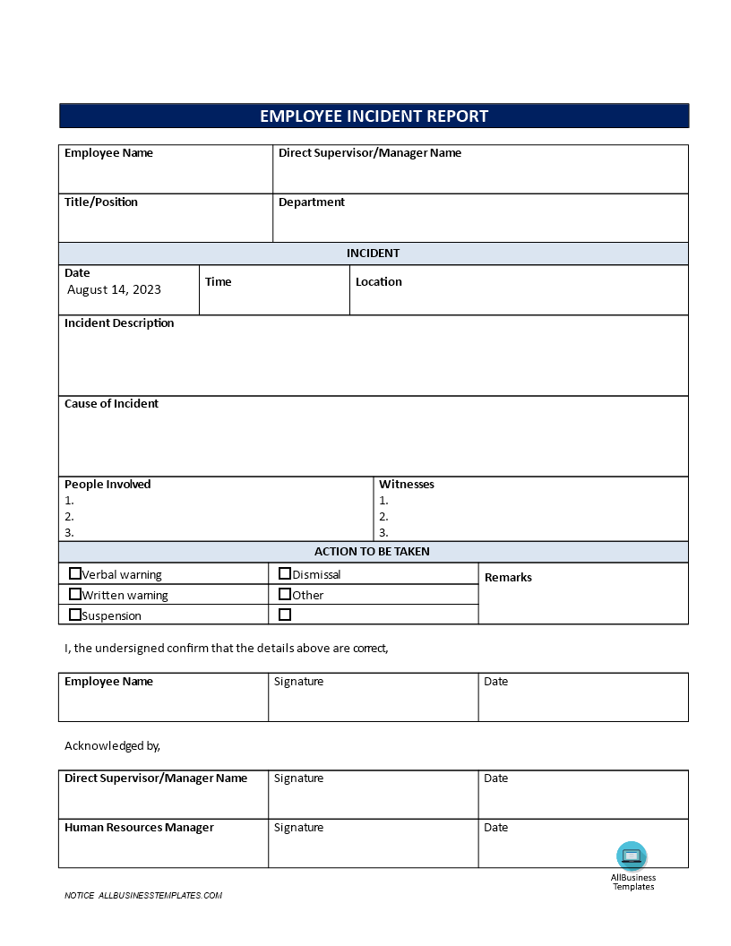 Employee Incident Report sample 模板