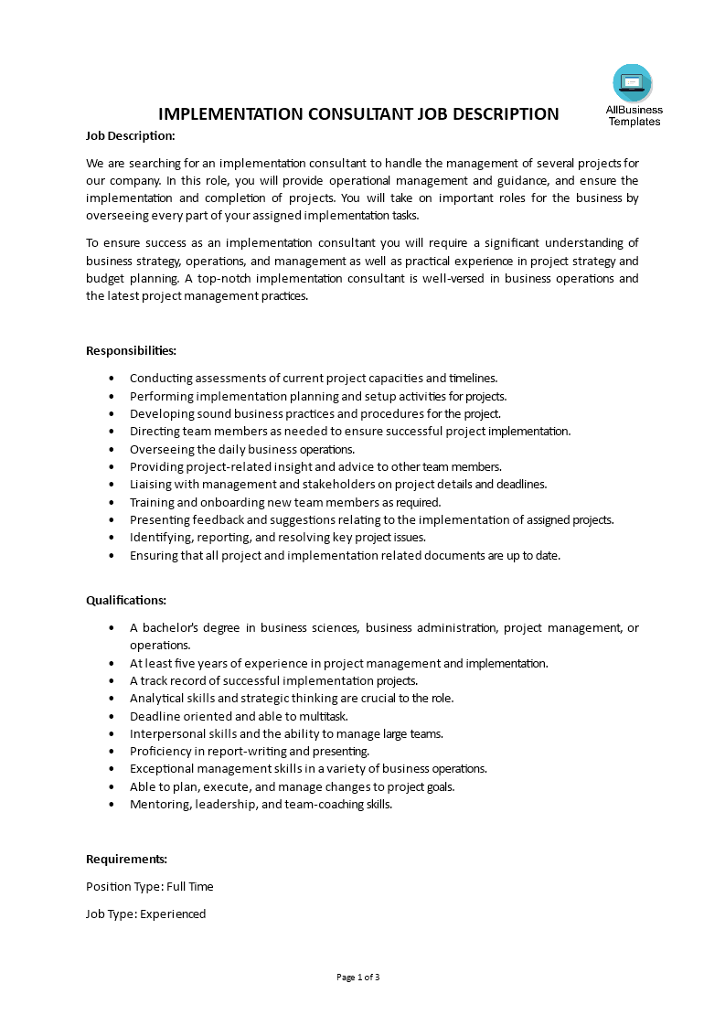 implementation consultant job description template