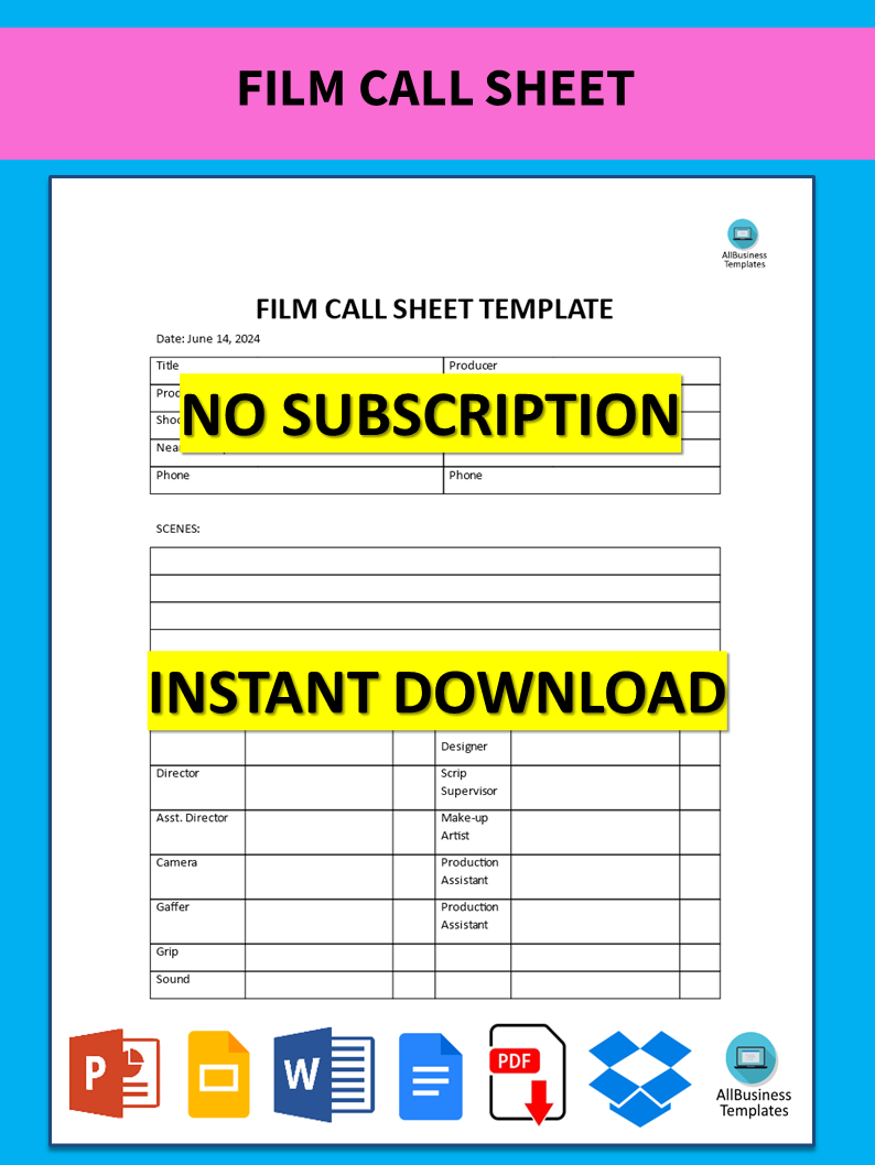 film call sheet template