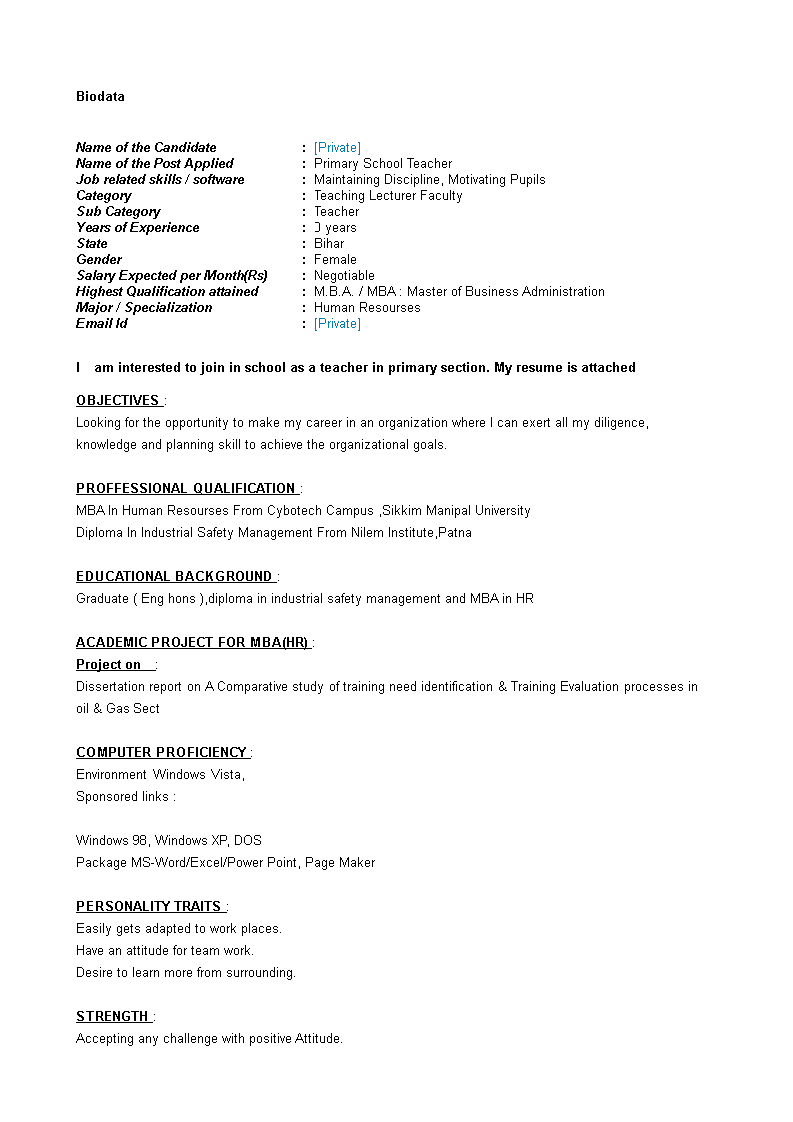 Primary School Teacher Resume 模板