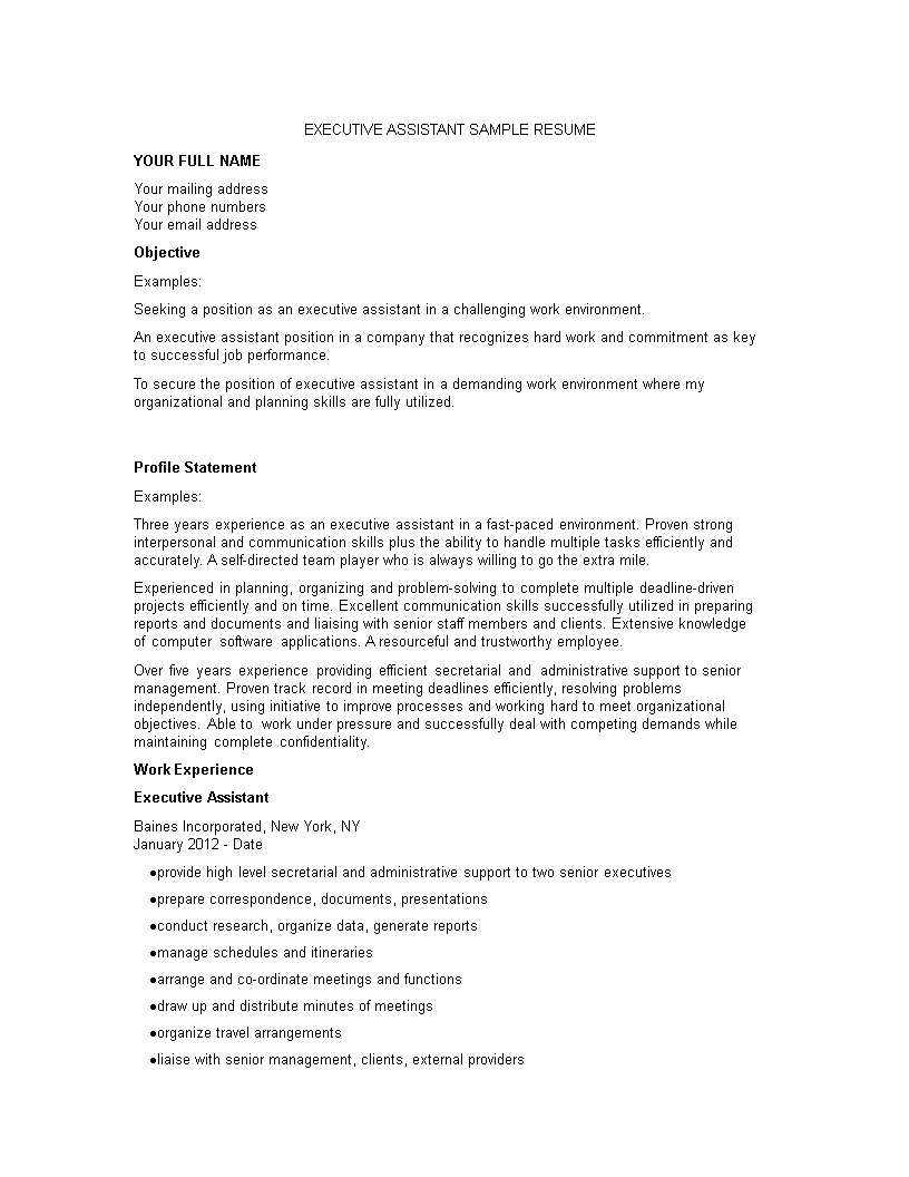 executive assistant resume template word free