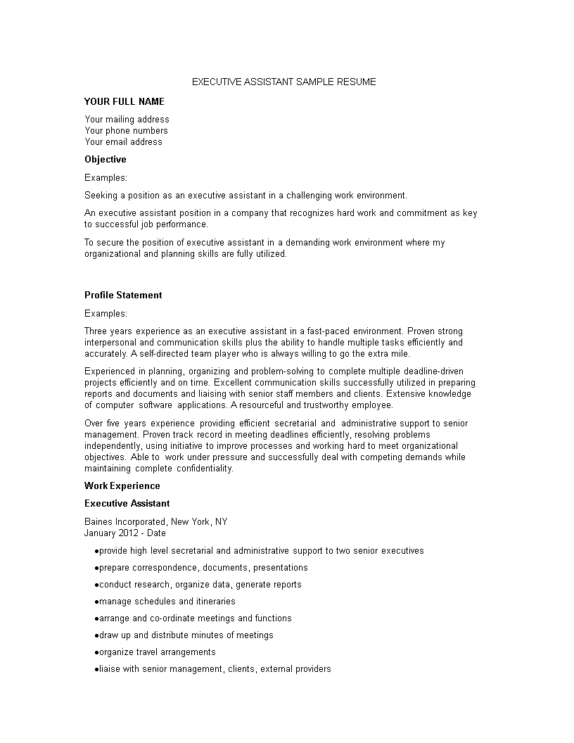 executive assistant resume word voorbeeld afbeelding 