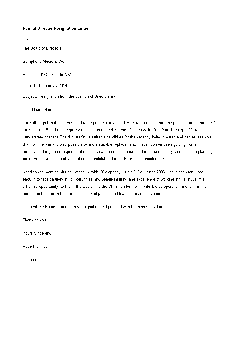 Formal Director Resignation Letter main image