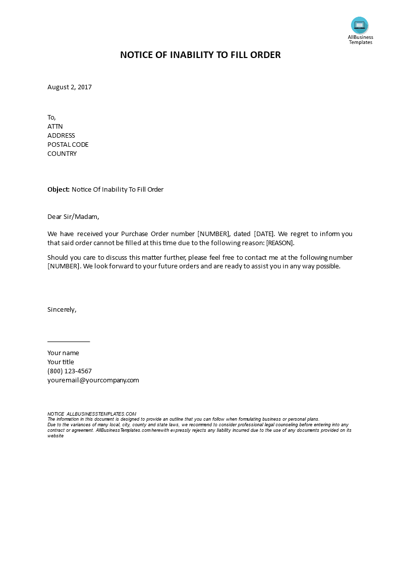 notice of inability to fill order template