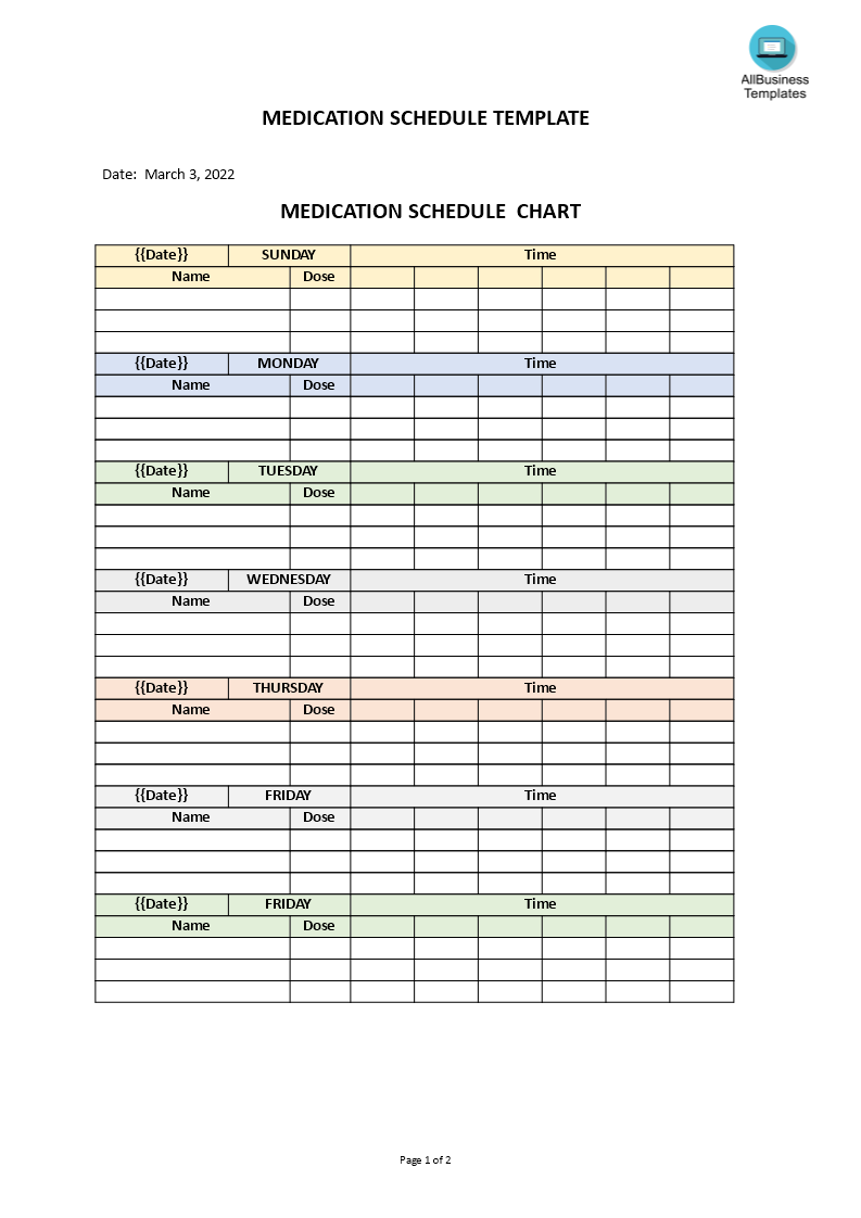 medication schedule template voorbeeld afbeelding 