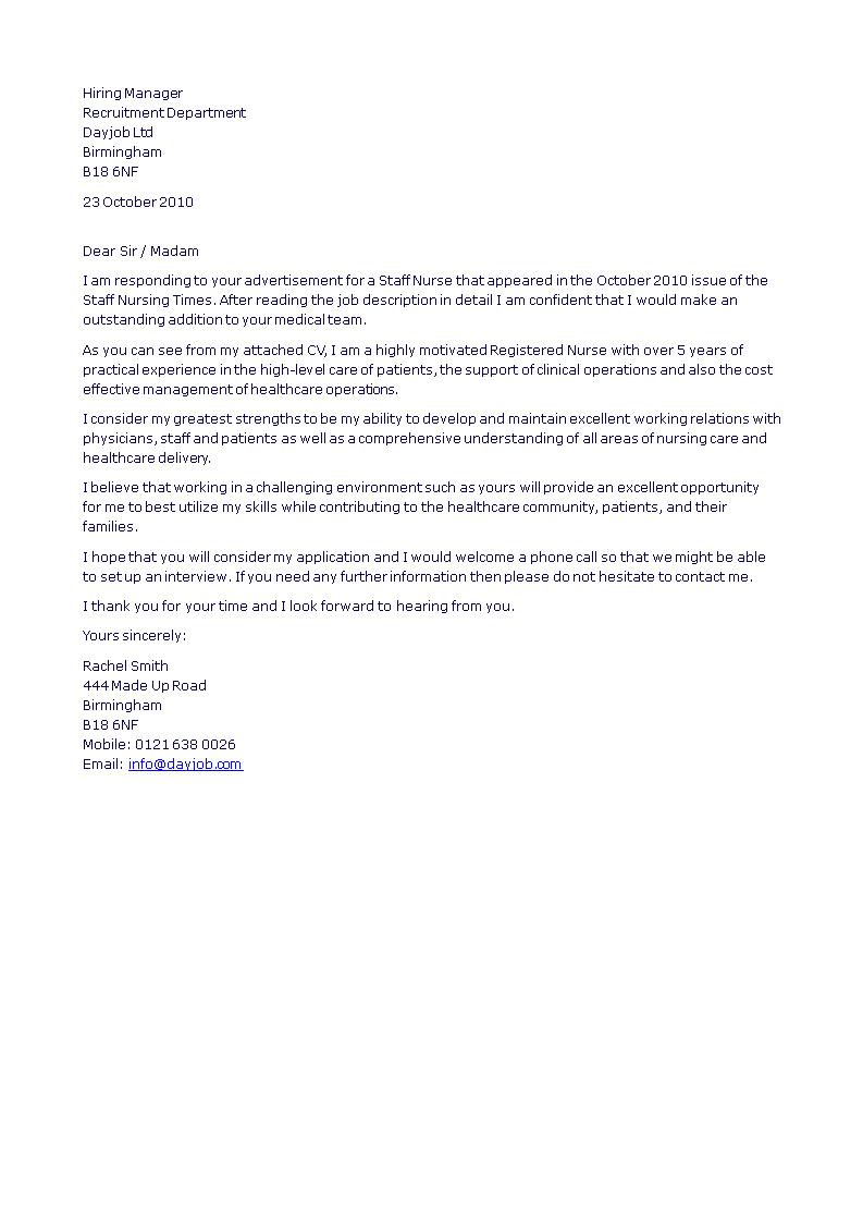 nurses email application letter template