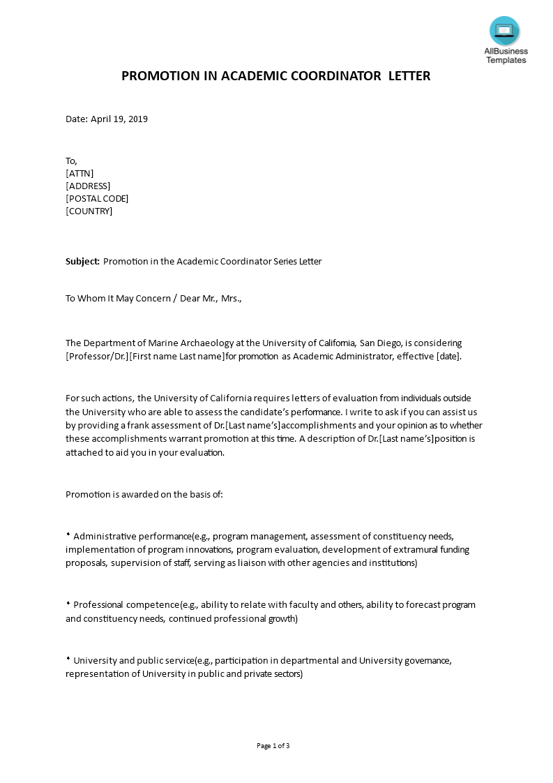 promotion in the academic coordinator series letter template