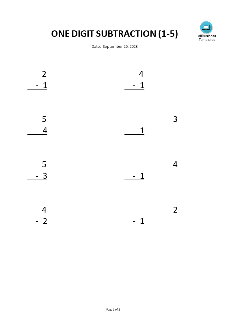 Subtraction 1 to 5 worksheets main image