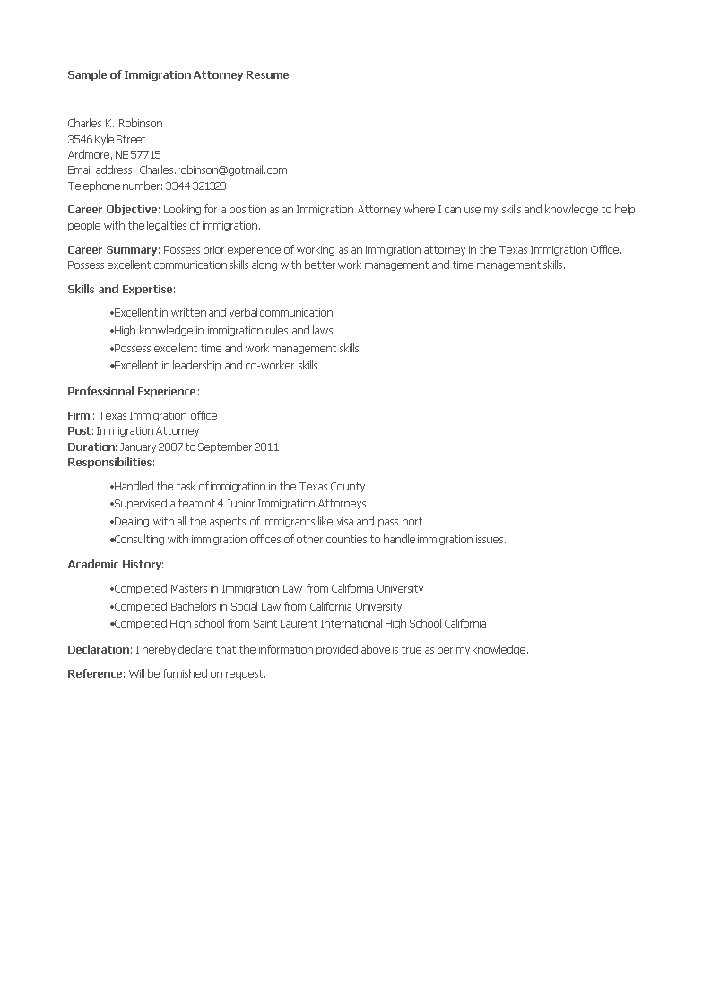 immigration attorney resume template
