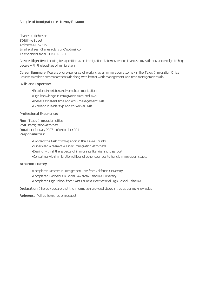 Immigration Attorney Resume main image