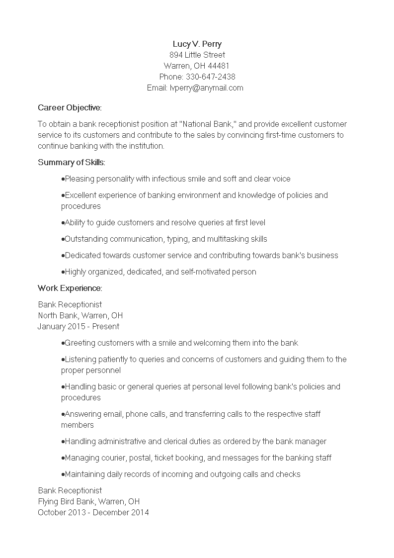 bank receptionist template