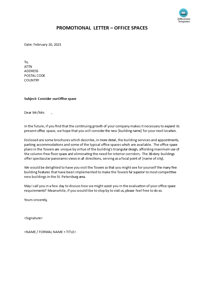 Promotional letter - office space main image