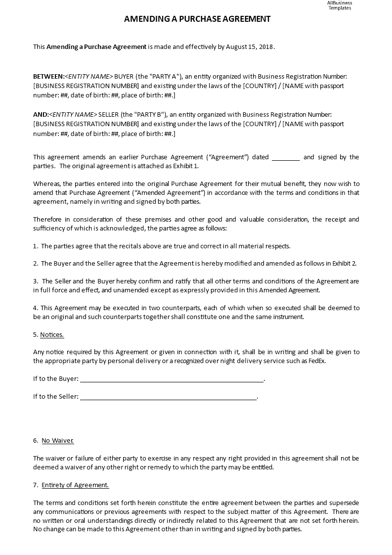 purchase agreement, amending template