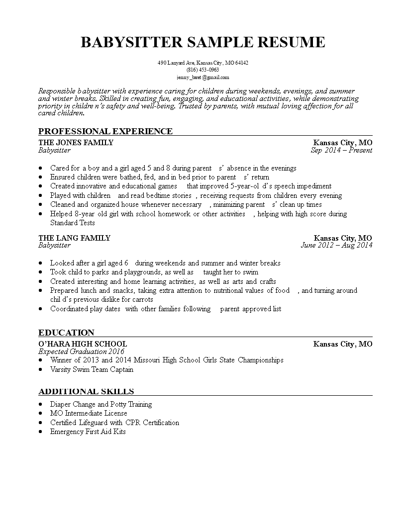 babysitter resume sample template