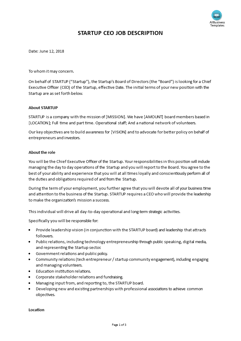 startup ceo job description modèles