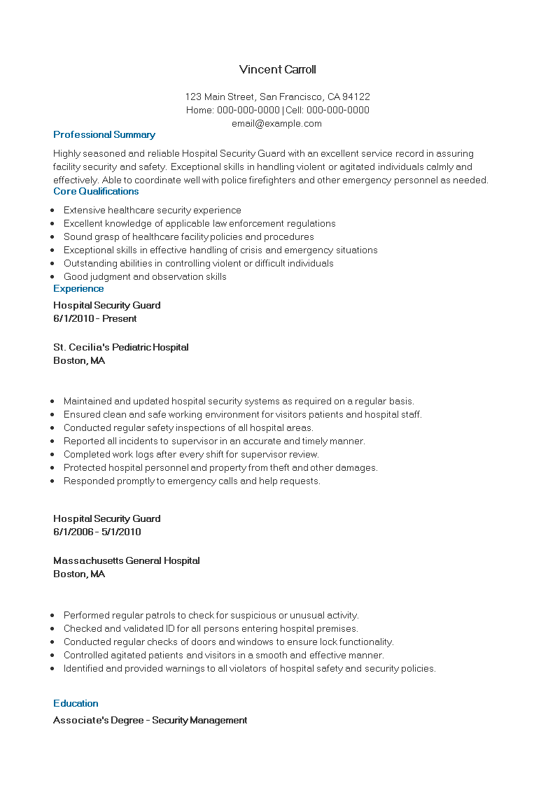 hospital security guard curriculum vitae template modèles