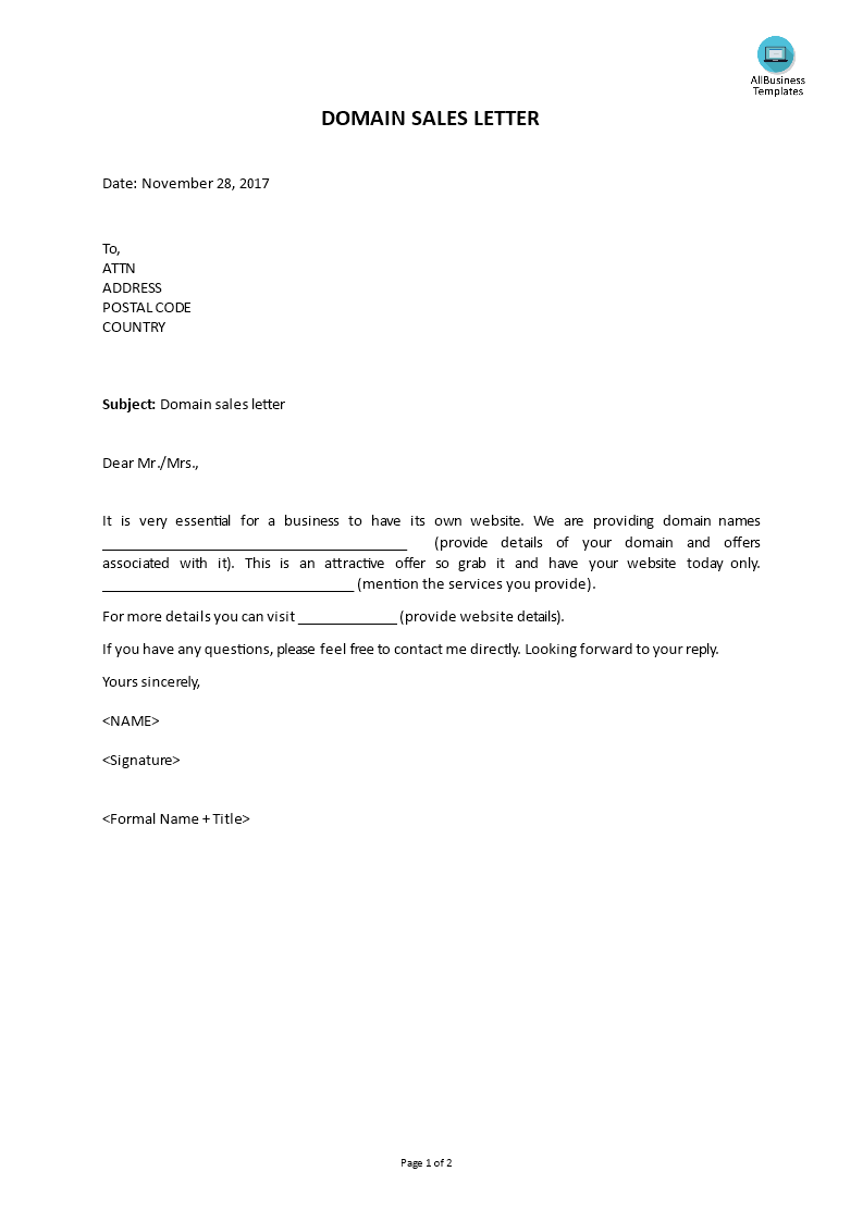 domain sales letter template