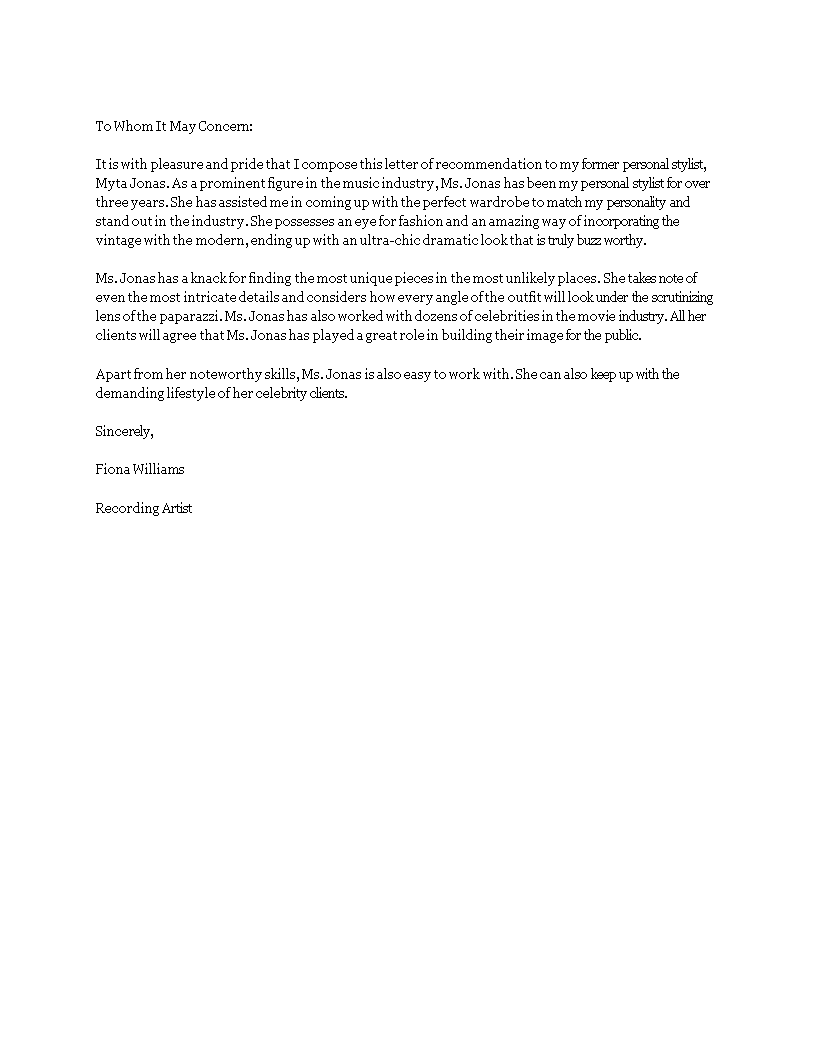 recommendation letter sample template
