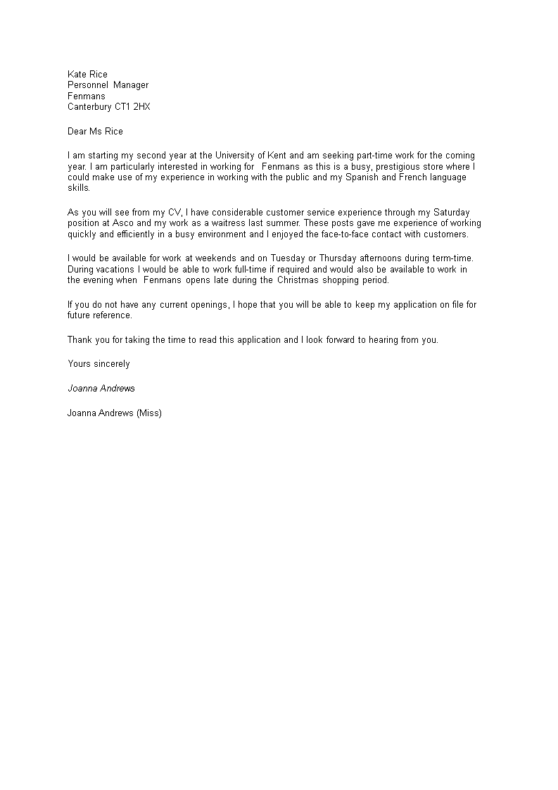 application letter sample for part time job