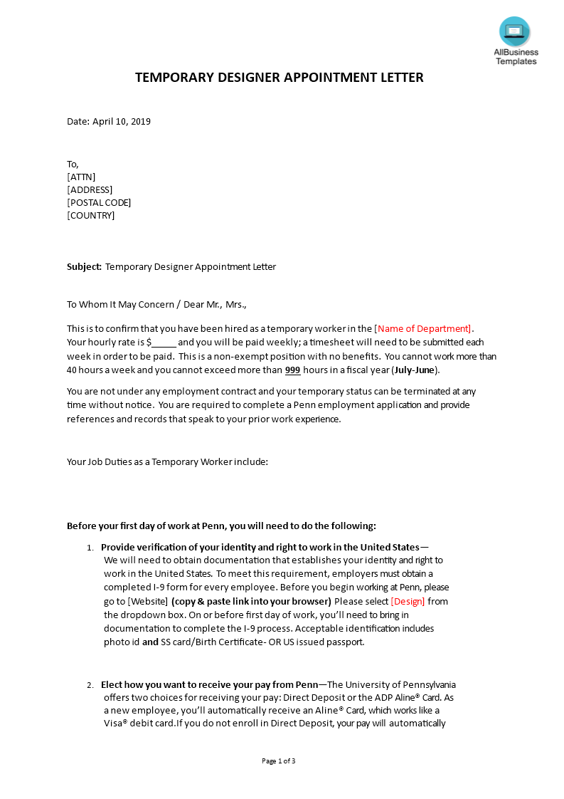 temporary designer appointment letter template