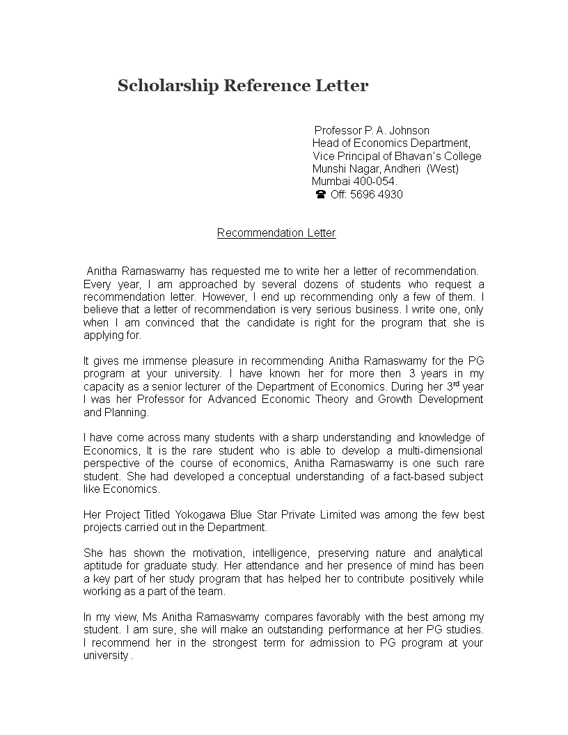 scholarship reference letter from professor template