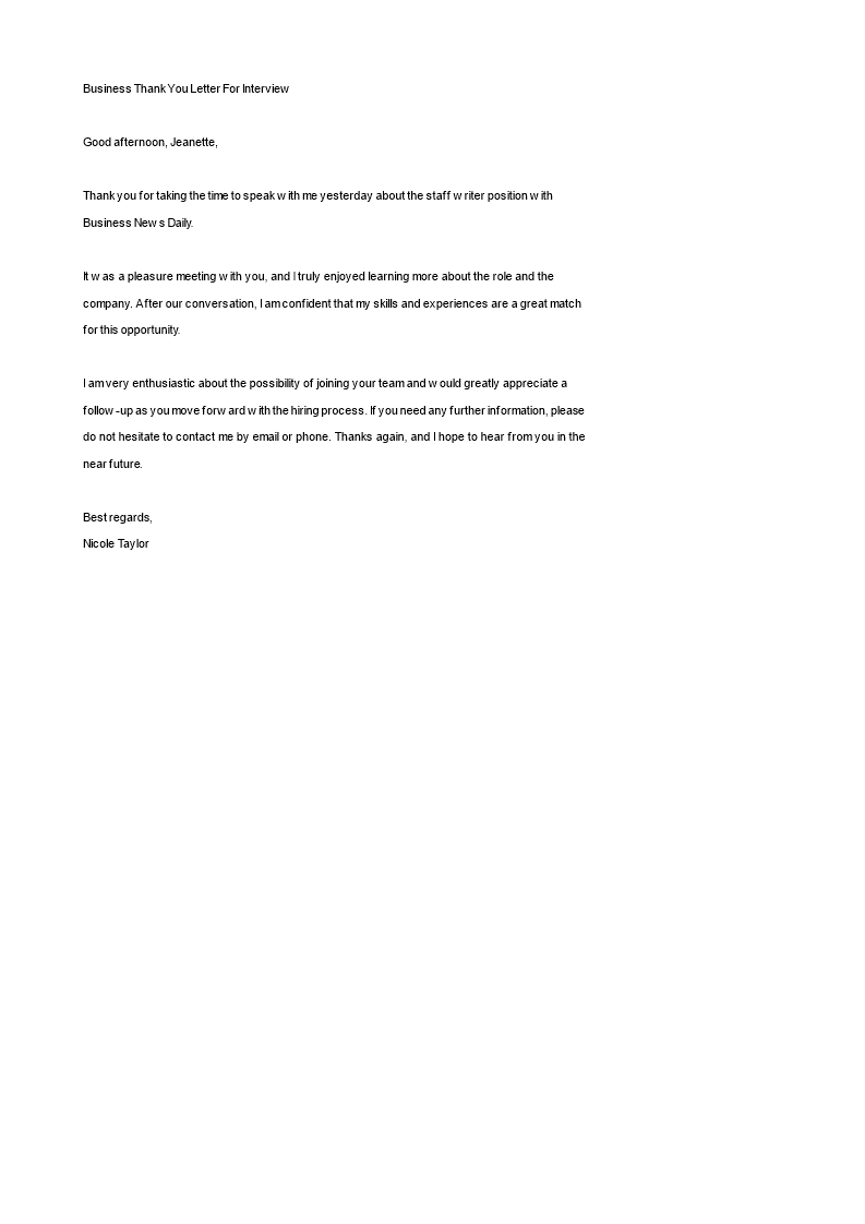 business thank you letter for interview template