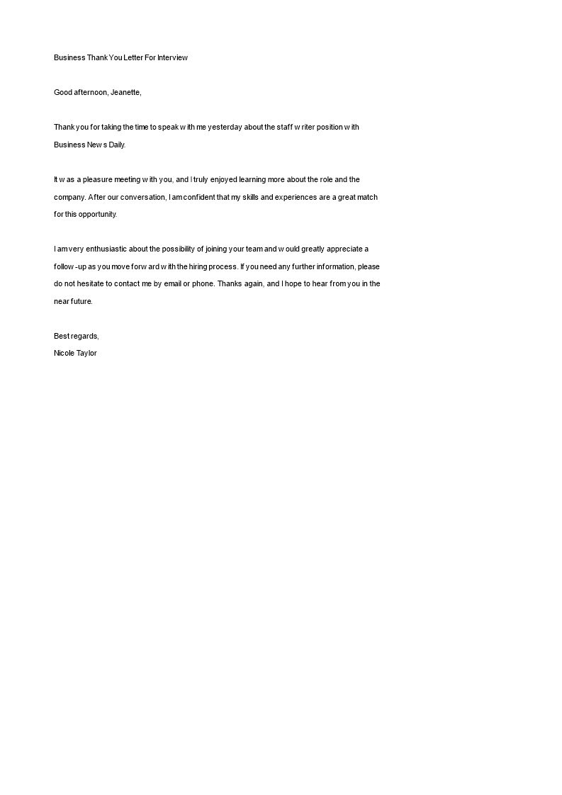 business thank you letter for interview modèles