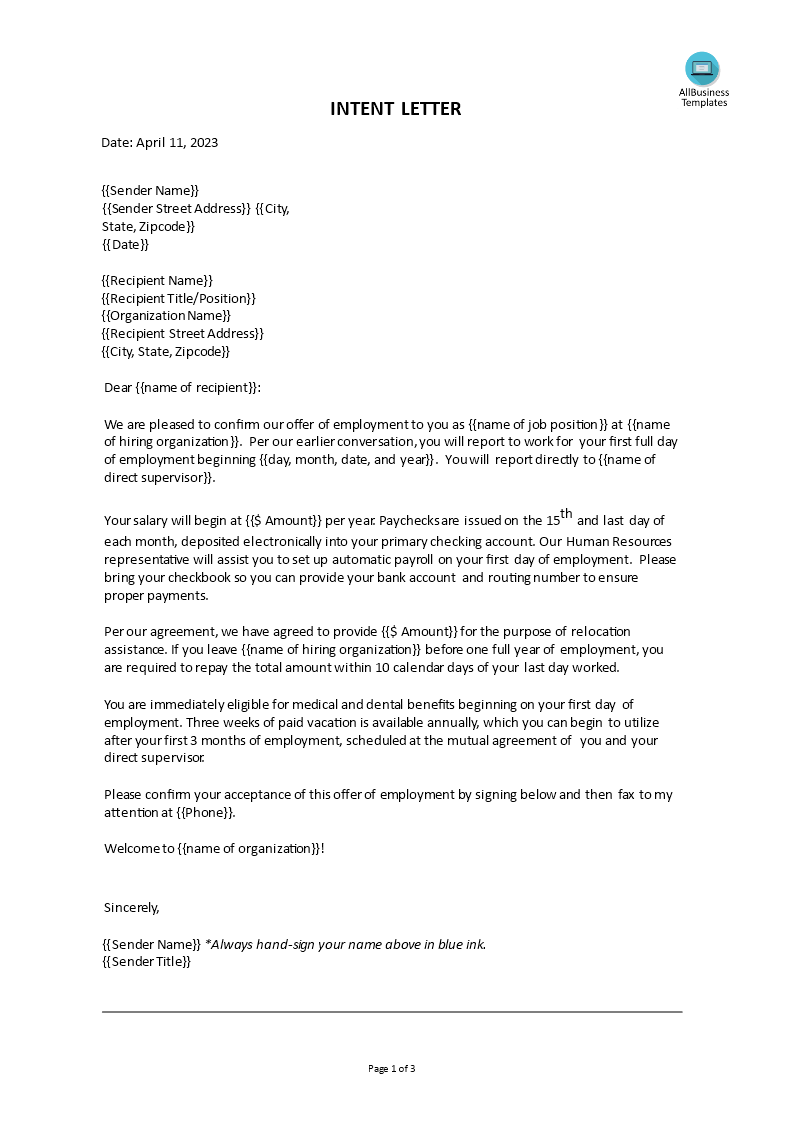 letter of intent for employment Hauptschablonenbild