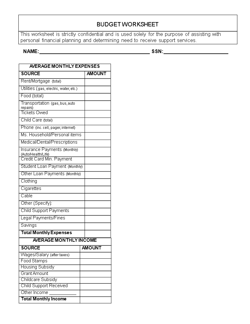 Blank Budget Worksheet main image