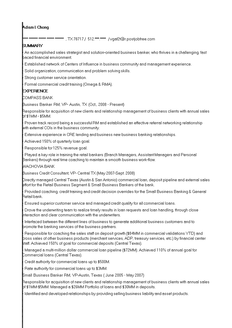 Business Banking Specialist Resume 模板