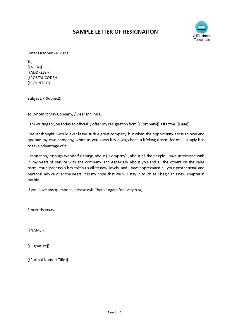 official thank you resignation letter Hauptschablonenbild