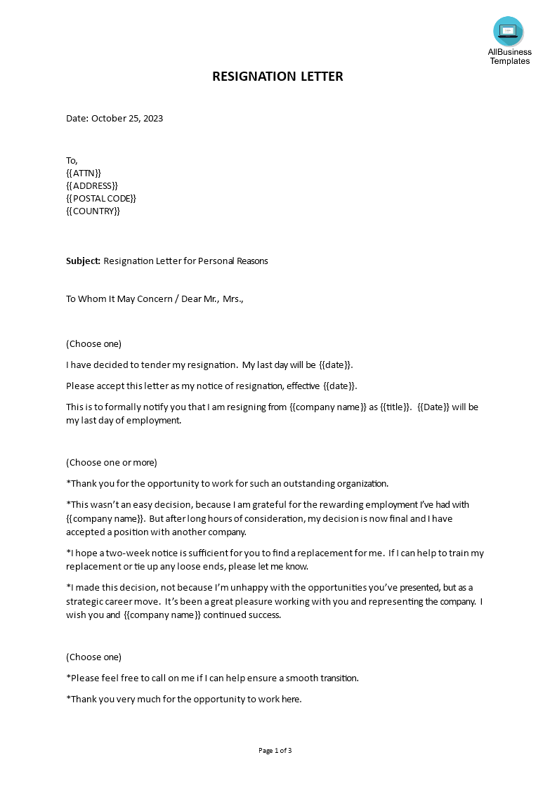 personal reasons resignation letter Hauptschablonenbild