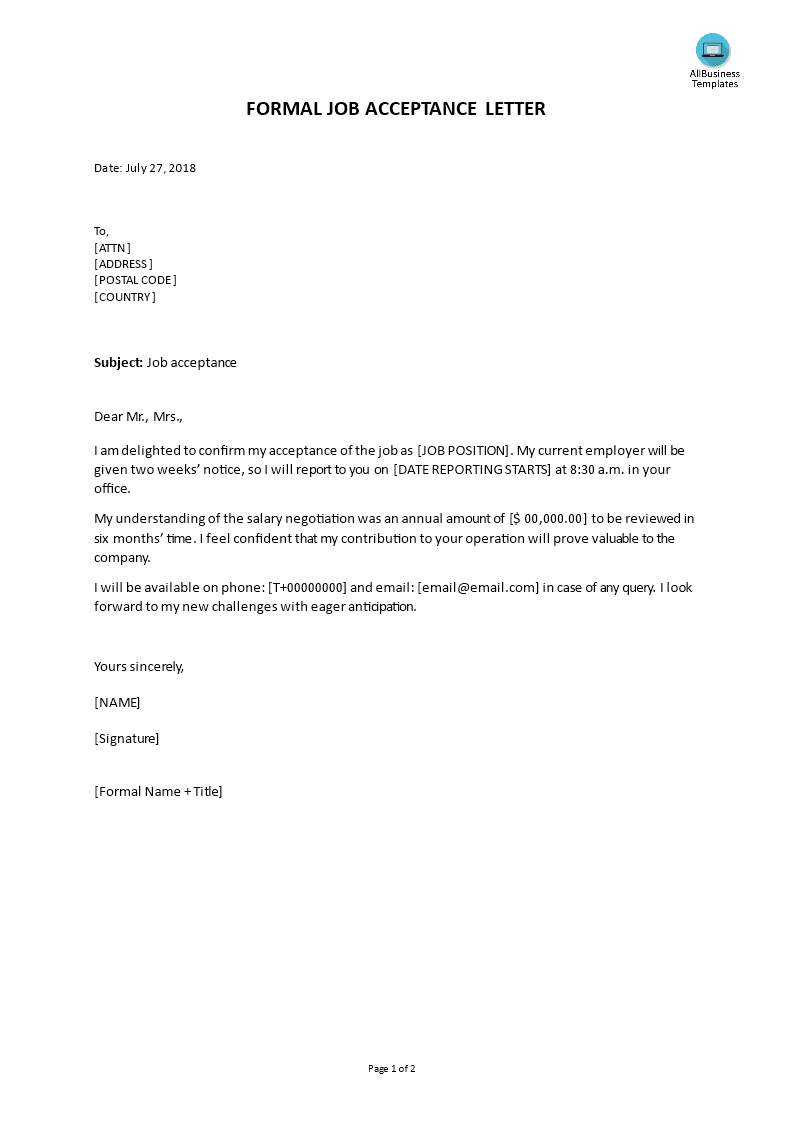 job acceptance letter template