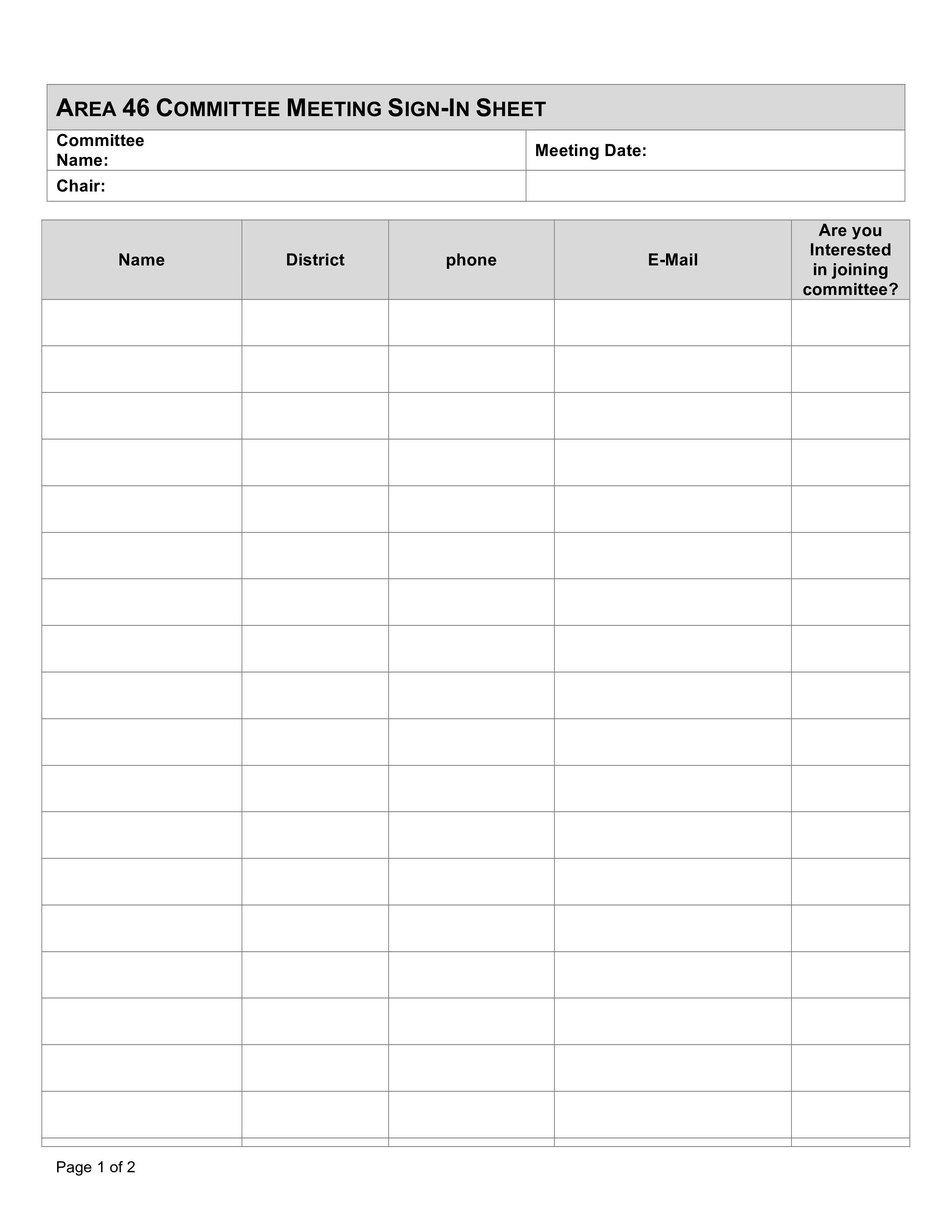 Committee Sign Up Sheet Template