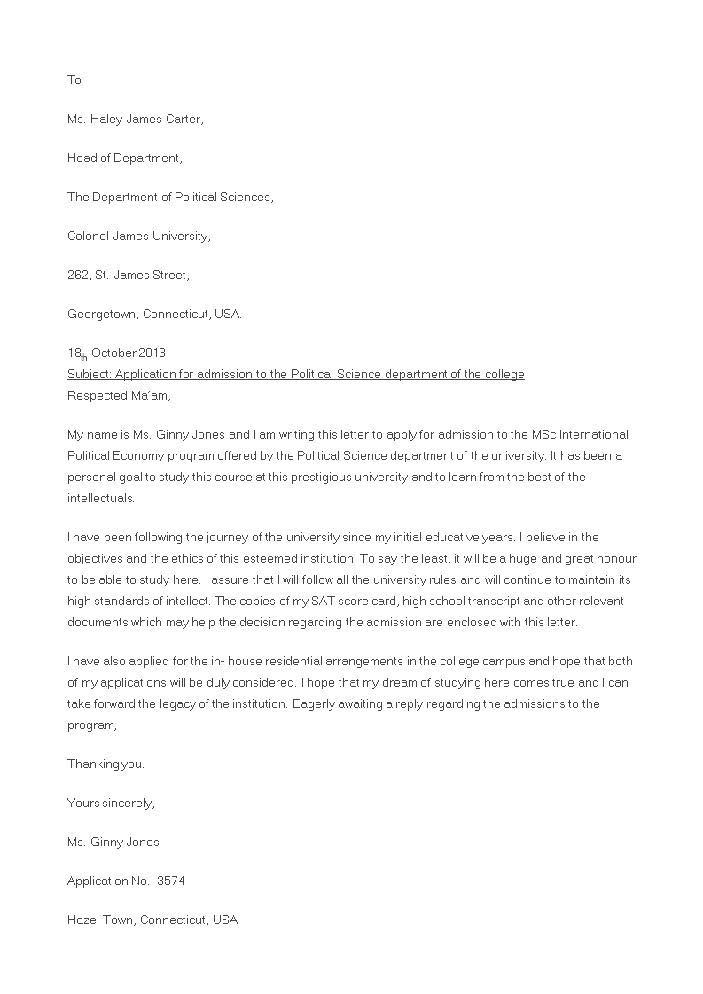 college admission application letter for international political economy program voorbeeld afbeelding 