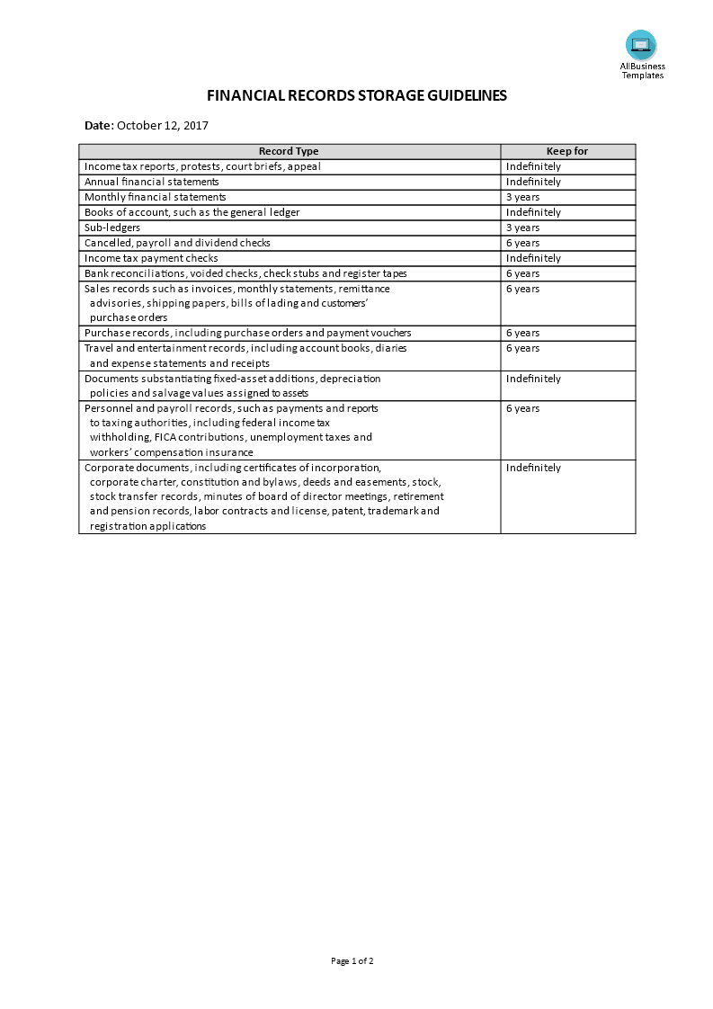 financial record storage guidelines modèles
